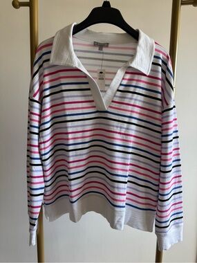 Talbots White Striped Polo Sweatshirt with Pink, Blue & Black Stripes